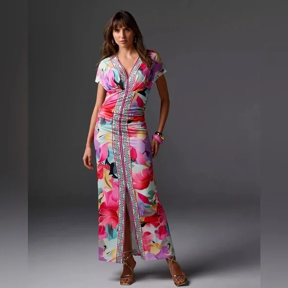 Boston Proper | Dresses | Spring Soiree Border Print Short Sleeve Ruched Dress  Boston Proper New | Poshmark
